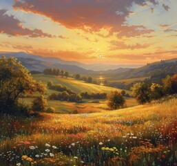 Poster - Fields of Blooming Splendor. A Nature's Tapestry Unfolds in Vibrant Hues. As the Sun Sets on the Summer Sky, Meadows Burst Forth with Colorful Blossoms