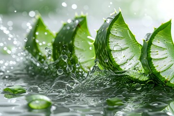 Poster - fresh aloe vera slice with water splash on white background