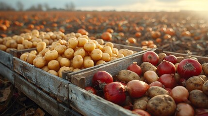 Sticker - Fresh onions, potatoes and vegetables  in a wooden box in the middle of a field