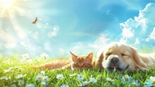 Cute Cat And Dog Lying On The Ground Comfortably.
