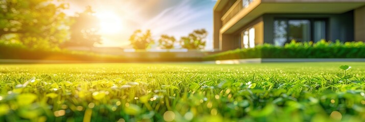 The morning sun shines on the green lawn, The backyard for the background, the meadow grass, The design concept for background. Panoramic