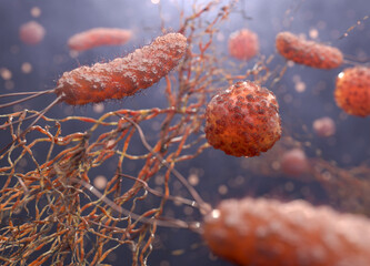 Wall Mural - Microbe infection. Close-up of rod-shaped bacteria with flagella and viruses floating. 3d rendering.