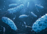 Fototapeta Desenie - Pathogenic bacteria colony flowing in blue background. 3D rendering of microscopic health dangerous microorganisms.