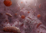 Fototapeta Krajobraz - Rod bacteria, viruses and fungi flowing on mucous intestine membrane surface. 3D rendering of microbe infection.