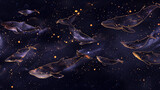 Fototapeta Desenie - Ethereal Cosmic Whales Swimming Among Stardust in a Starry Sky