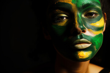 Wall Mural - model with green and yellow face paint against black