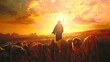 Shepherd Jesus Christ leading the flock and praying to Jehovah God and bright light and Jesus silhouette background in the field