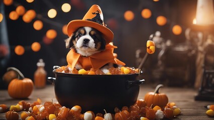 halloween   dog A comical Halloween puppy wearing a witch hat, riding a broomstick that s stuck in a large cauldron  