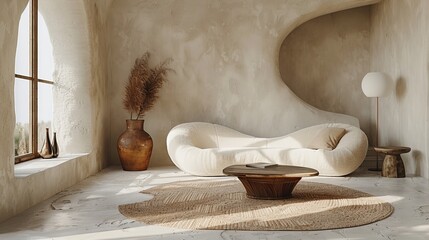 Sticker - interior design with large window, light cream sofa, wooden low coffee table, ceramic vase, microcement walls.