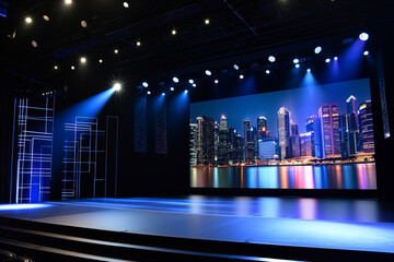 no attendees, a presentation stage with a cityscape