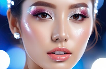 Beauty, cosmetics and makeup. Magic eyes look with bright creative make-up. Macro shot of beautiful woman's face with perfect art make up with glitter.