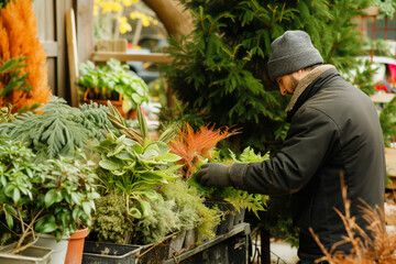 Poster - florist setting up a seasonal outdoor plant display