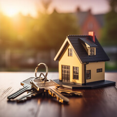 photo of modern house keys with house in the background out of focus