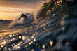surfer riding a wave with water trails and sunset
