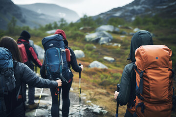 Canvas Print - group hiking with backpacks on a rugged mountain path