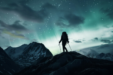 Poster - hiker on mountain top with glowing aurora in the sky behind them