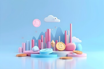 illustration futuristic abstract landscape consisting of stacked colorful coins and coins on top of one another surrounded by cloudy and colorful sky, concept of Cryptocurrency and future of finance