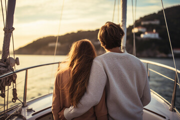 Back view photo of beautiful young couple on romantic vacation luxury yacht in open sea generative ai