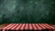 Empty wooden table with red checked tablecloth over green wall background, digital ai
