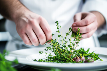 Sticker - closeup of chef garnishing a plate with fresh herbs