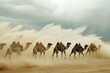 camel caravan moving through a mild desert storm