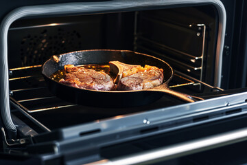 Poster - electric oven with a cast iron skillet and sizzling steak inside