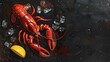 Top view of whole red lobster with ice and lemon on a dark background. Top view, digital ai art
