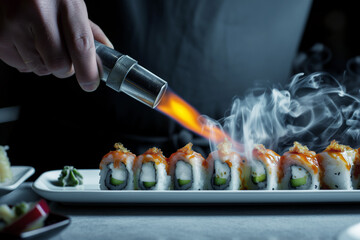 Wall Mural - chefs hand holding a kitchen torch above a sushi roll adding a smoky flavor