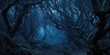 Creepy dark forest background, spooky black crooked trees and mystic blue light at night. Landscape of scary fairy tale woods. Concept of fantasy, horror, gloomy nature, mystery