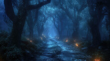 Dark Forest Background, Spooky Black Trees, Path And Mystic Blue Light At Night. Landscape Of Fairy Tale Woods. Concept Of Fantasy, Nature, Halloween