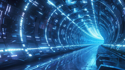 Wall Mural - futuristic abstract tunnel with blue lights of data, abstract tech space background. perspective vie