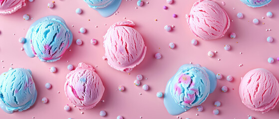 Wall Mural - melting pastel colored ice cream scoops with holographic effect on playful background