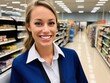 © Veronika - A happy and friendly saleswoman is smiling at the camera in a well-stocked grocery store, offering a realistic portrayal of excellent customer service.