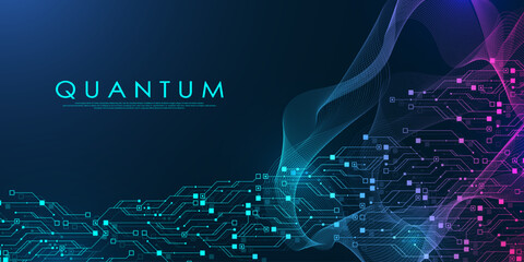 Poster - Quantum computer technologies concept. Futuristic blue circuit board background vector. Modern technology circuit board texture background design. Waves flow. Quantum explosion technology.