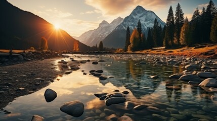 Poster - Scenic Landscape with the image of mountains,  mountain river. Mountain river at sunrise.  Beautiful sunrise  over the river in the Alps mountains. Nature composition. Beautiful natural landscape.