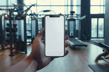 Wall Mural - Image of smartphone with blank transparent screen, in hand by the gym with exercise equipment environment furnishings.