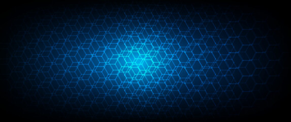 Wall Mural - Dark gray and blue technology hexagonal vector background. Abstract blue bright energy flashes under a hexagon in a dark hi-tech futuristic modern vector background gaming honeycomb texture grid.