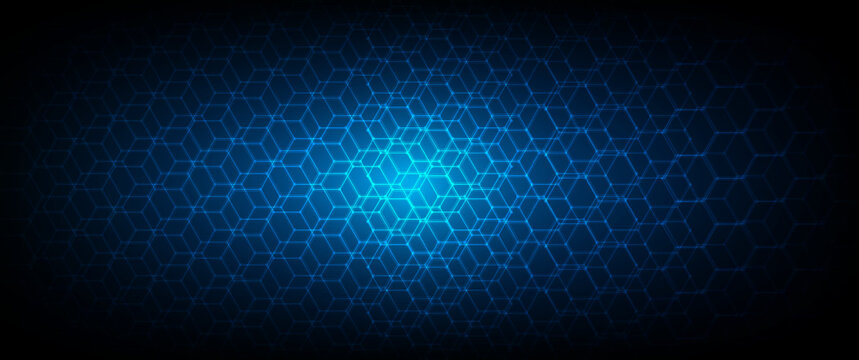 dark gray and blue technology hexagonal vector background. abstract blue bright energy flashes under