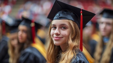 Wall Mural - Smiling Young Woman in Graduation Cap and Gown at Commencement Ceremony, Proud Academic Achievement Concept