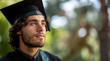 Wall Mural - Thoughtful Male Graduate in Cap and Gown Looking Towards Future Amidst Nature