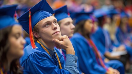 Wall Mural - Young Male Graduate in Blue Cap and Gown Contemplating Future at Graduation Ceremony, Student Thinking Amidst Peers