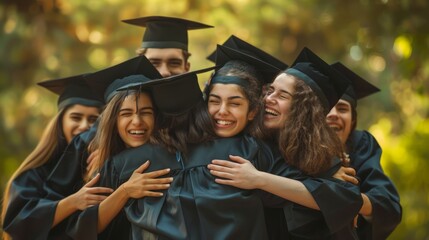 Wall Mural - Group of Joyful Diverse Graduates Celebrating Achievements, Embracing in Cap and Gown at Graduation Ceremony Outdoors