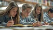 © pisan - Group of Teenage Students Focused on Studying Together at Library Table with Books