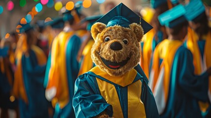 Wall Mural - Cheerful Person in Bear Mascot Costume Celebrating Graduation with Students in Caps and Gowns at Festive Ceremony