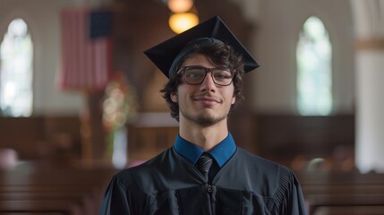Wall Mural - Proud Male Graduate in Cap and Gown Smiling During Commencement Ceremony Indoors with American Flag Background