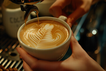 An espresso machine expertly pouring steamed milk into a coffee cup to create a perfect latte at a trendy coffee shop.