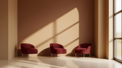 Minimalist interior with 3 maroon armchairs and shadows on a brown wall, near a window with sunlight 