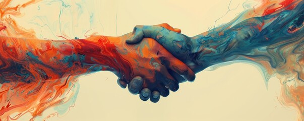 An abstract distorted handshake between a man and a woman creating a sense of disconnection and artificiality