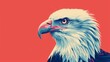 Illustration of a bald eagle head in profile against a red background, featuring detailed feathers and intense eyes