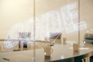 Wall Mural - code word hologram on a modern meeting room background, artificial intelligence and neural networks 